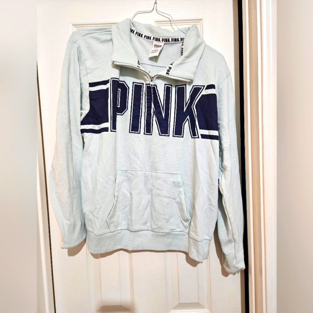 Victoria's Secret PINK Quarter-Zip Sweatshirt - Light Blue and Navy
